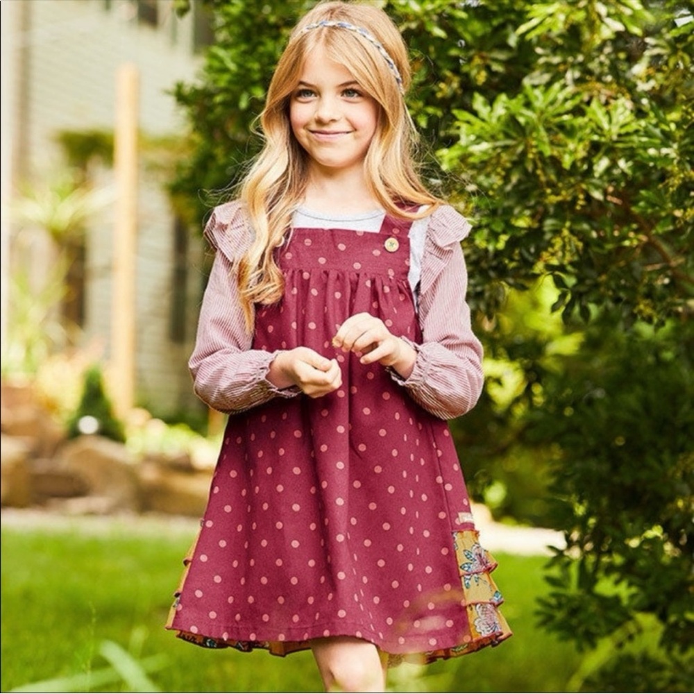 NWT Girls Matilda Jane Class Act Maroon Polka Dot Ruffle Floral Dress, Size 4